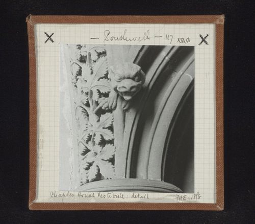 Detail view of grotesque sculpture and extrados ornamentation in vestibule of Chapter House, Southwell Minster, Southwell, Nottinghamshire, England