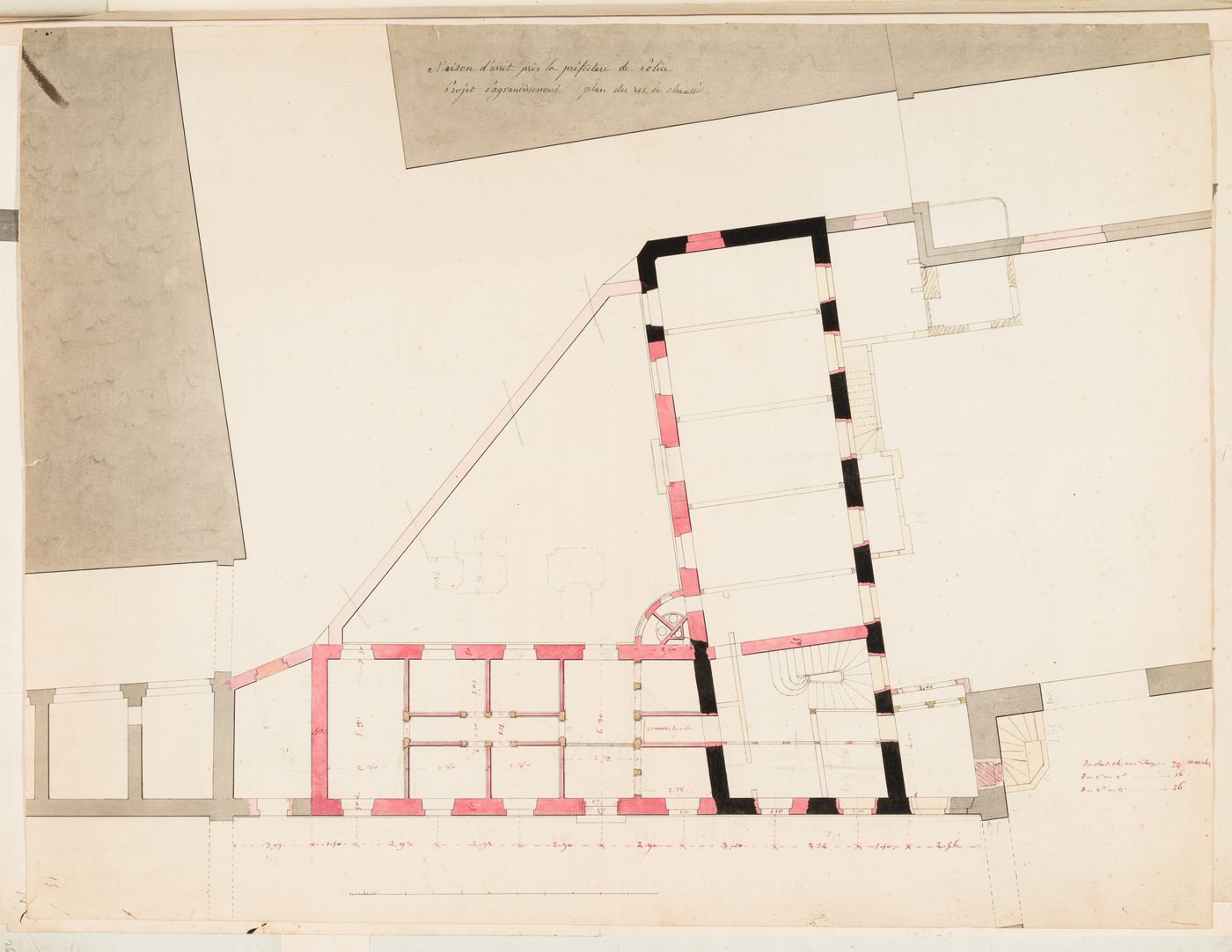 Project for the enlargement of the prison near the Préfecture de police, rue de Jérusalem, Paris: Ground floor plan