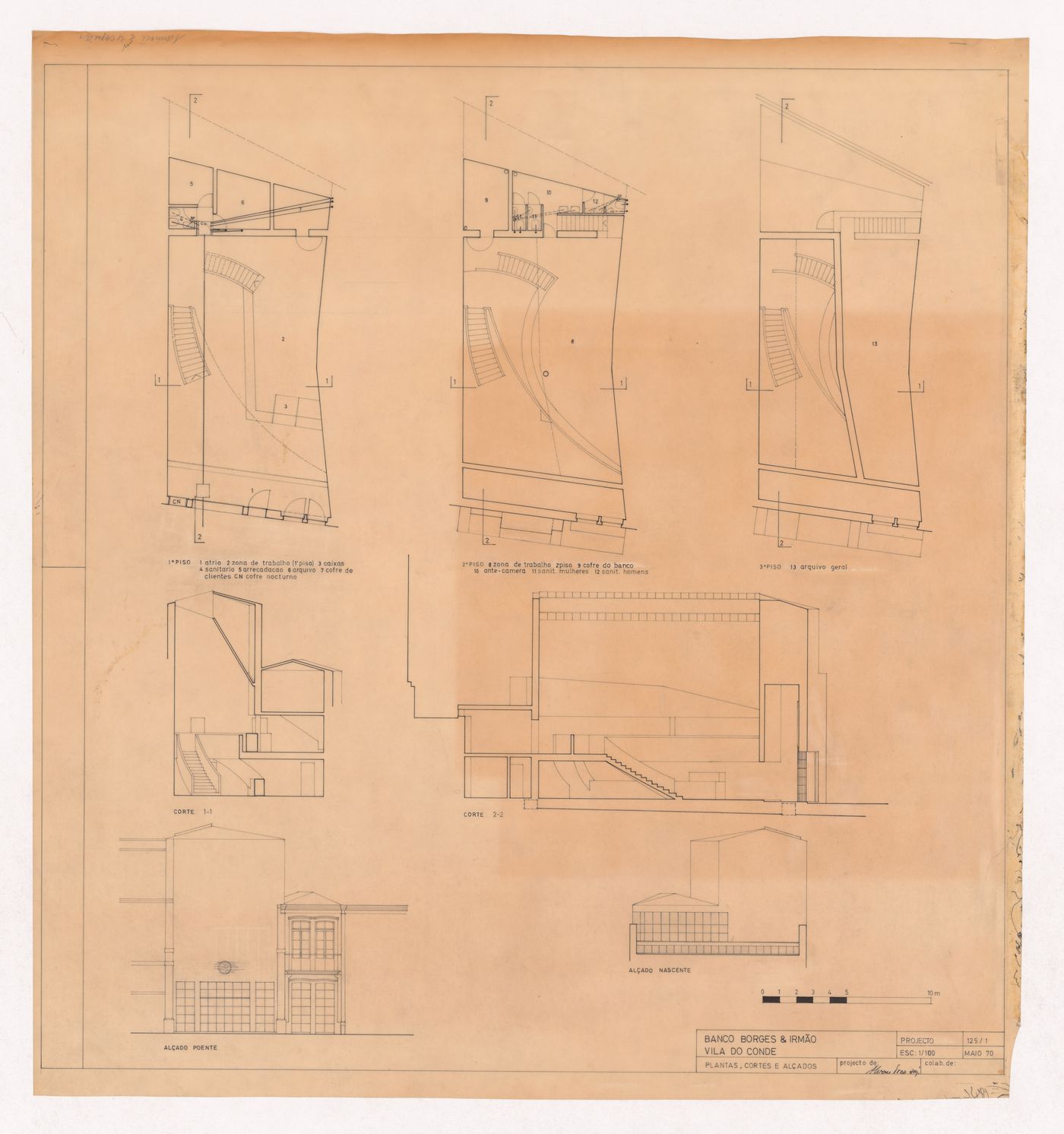 Plans, sections and elevations for Borges & Irmão bank, Vila do Conde, Portugal