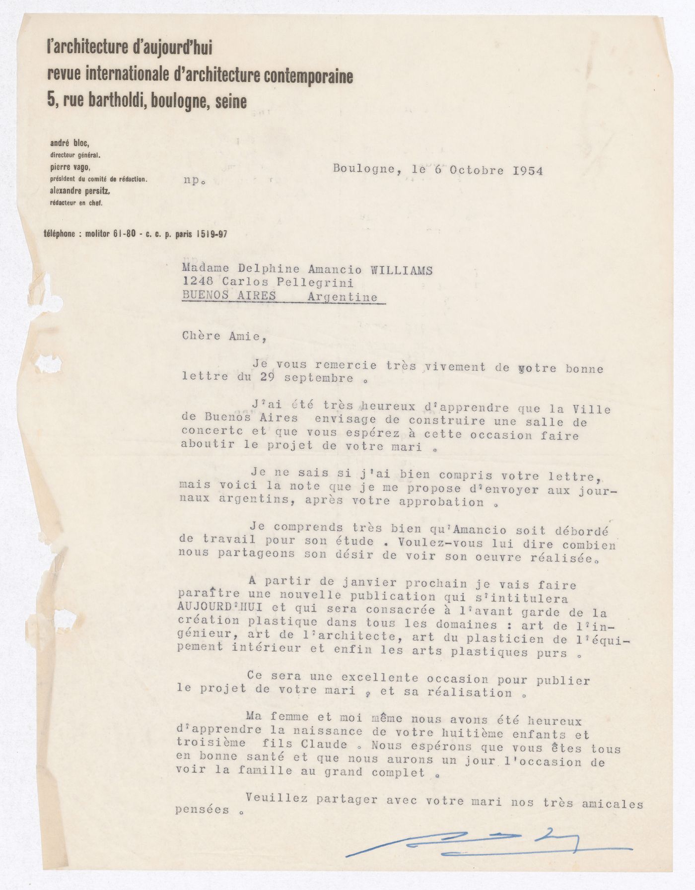 Correspondence, letter to Delfina Gálvez de Williams from periodical L'architecture d'aujourd'hui