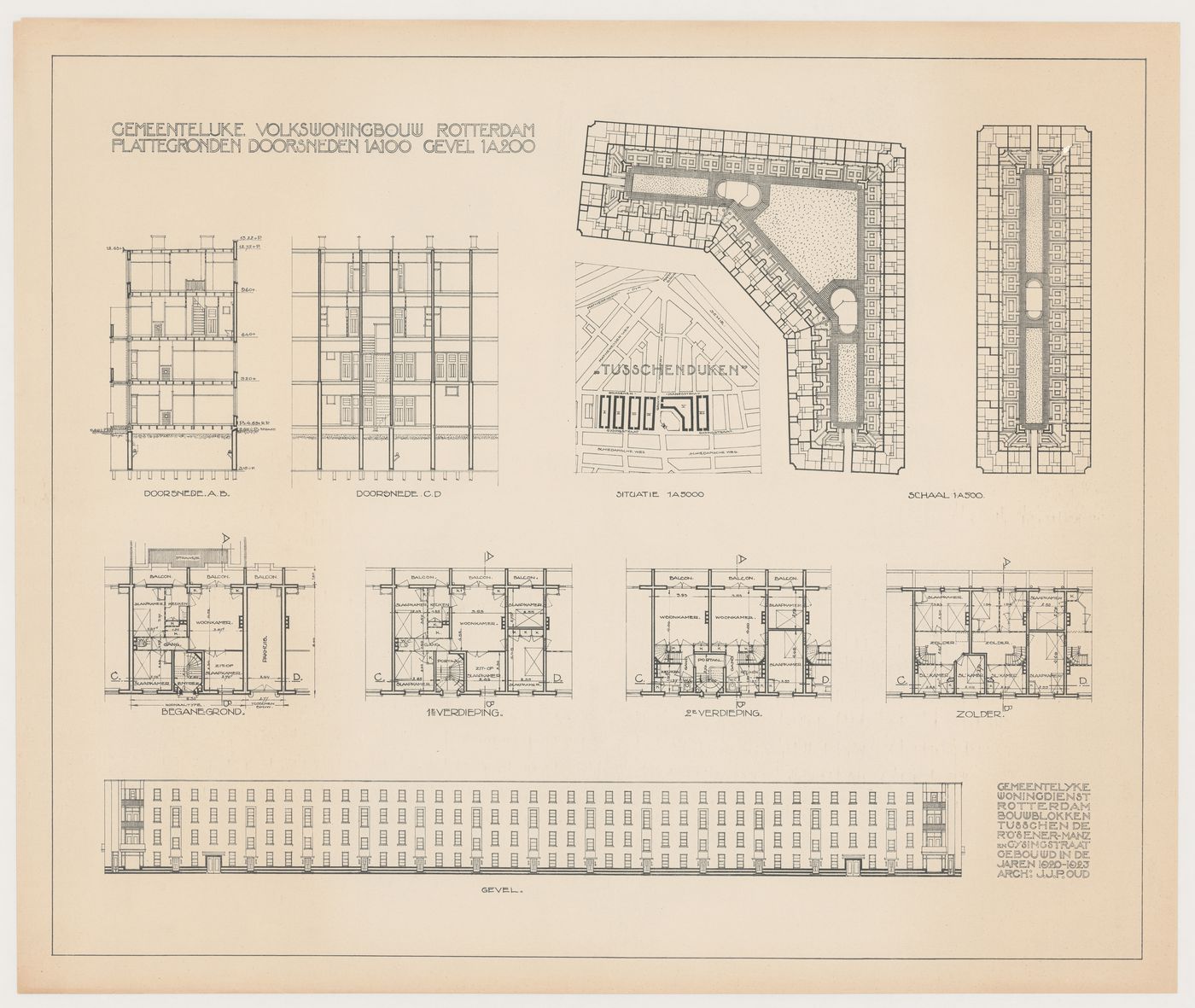 Site plans, plans, section, and elevation for Tusschendijken Housing Estate, Rotterdam, Netherlands