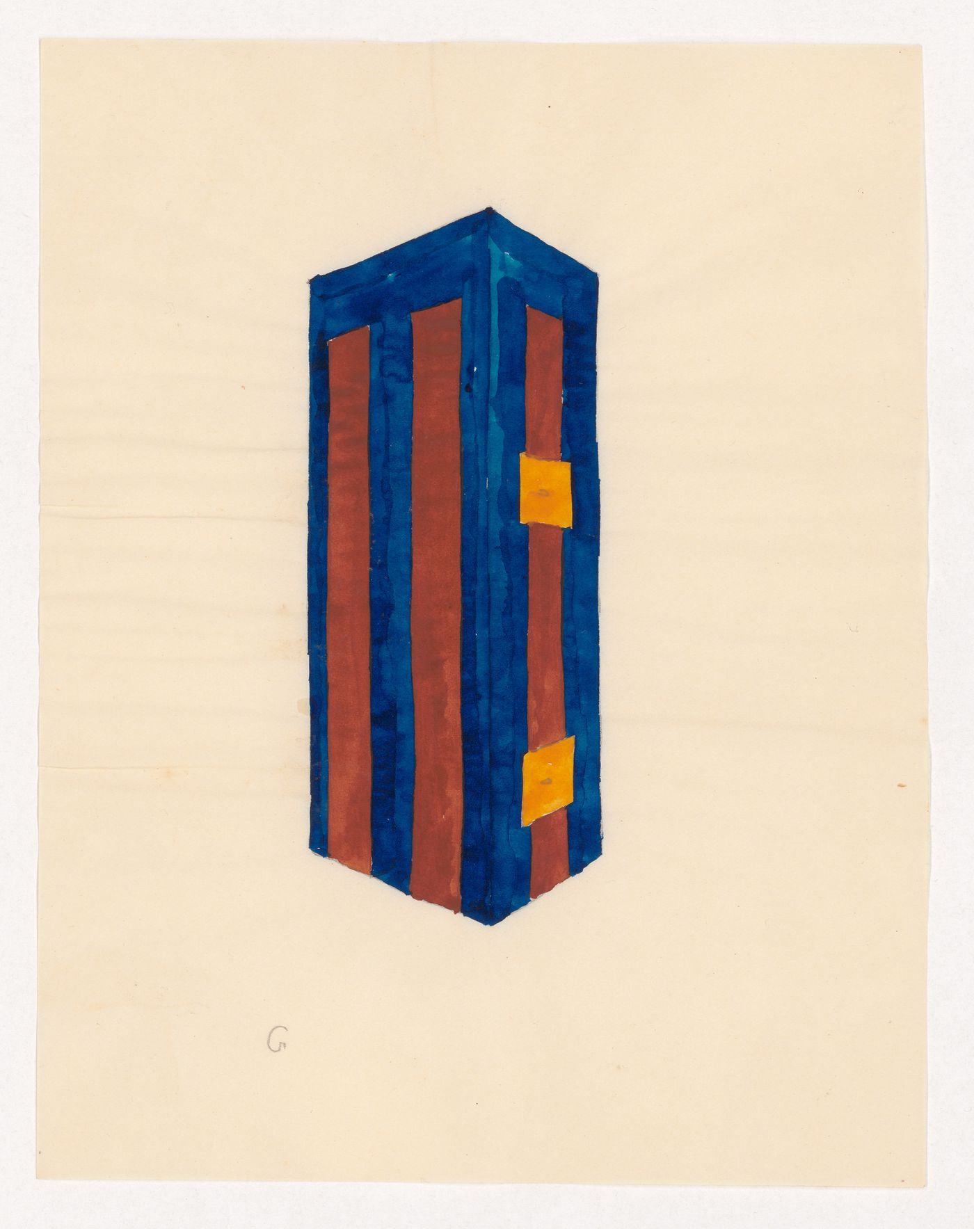 Perspective sketch for a blue and brown tiled stove