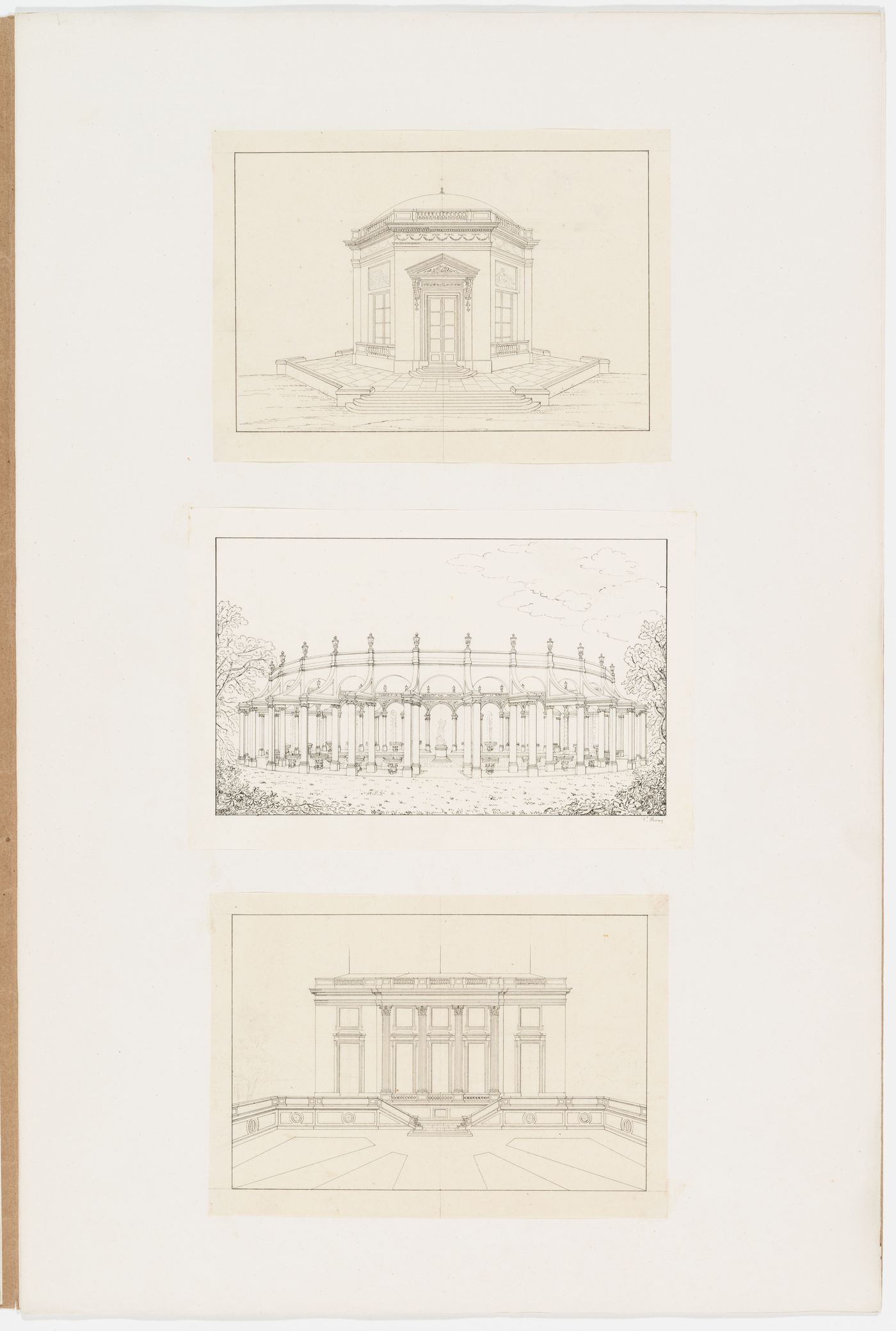 Exterior elevations of a domed hexagonal building on a podium, an oval shaped colonnade surrounding a pool containing fountains and a central sculpture, and a forecourt and classical building with bays flanked by four colossal columns