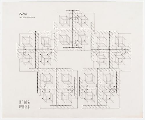 Previ Proyecto Experimental de Vivienda, Lima, Peru: axonometric plan for cluster of five units of four houses
