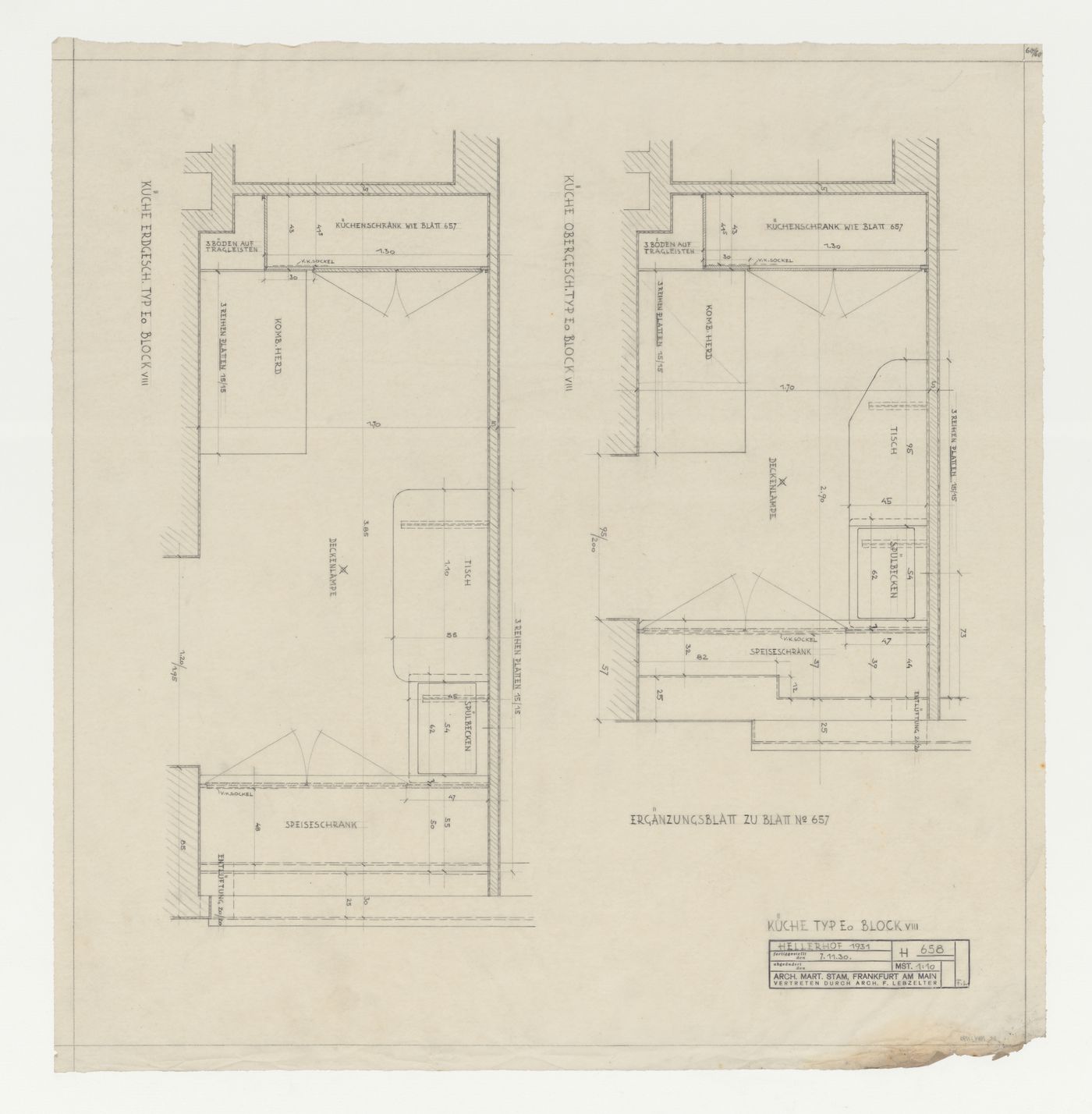 Ground and first floor plans for type EO kitchens for housing units for Block VIII, Hellerhof Housing Estate, Frankfurt am Main, Germany