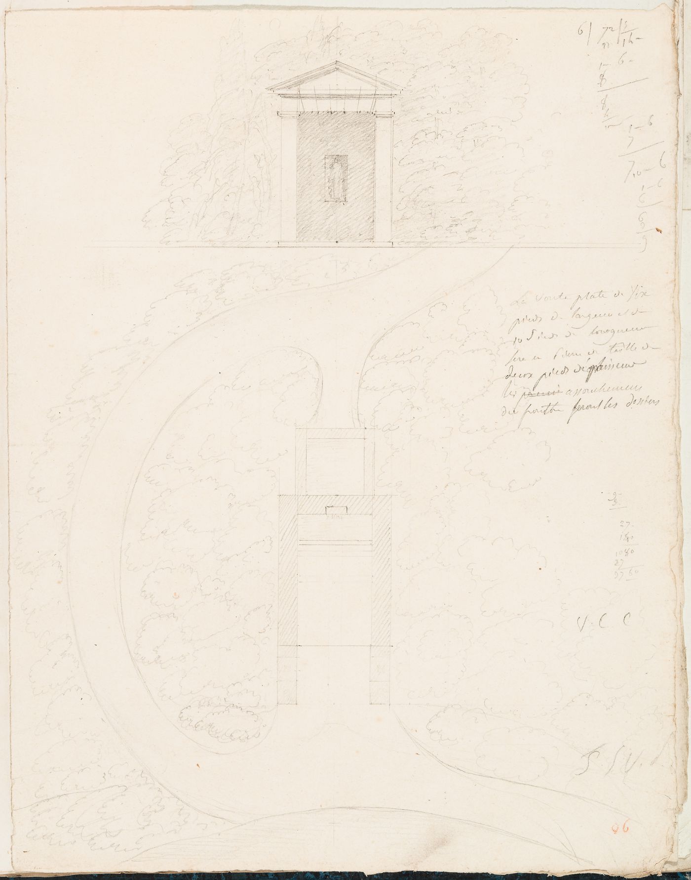 Elevation, site and floor plan for a garden temple, Domaine de La Vallée; verso: Partial elevation for the entabulature of a garden temple, Domaine de La Vallée