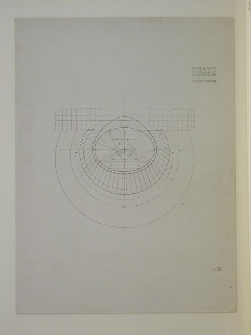 Photograph of a geometric study developed on a plan for the final round of competition for a "synthetic theater" in Sverdlovsk, Soviet Union (now Ekaterinburg, Russia)