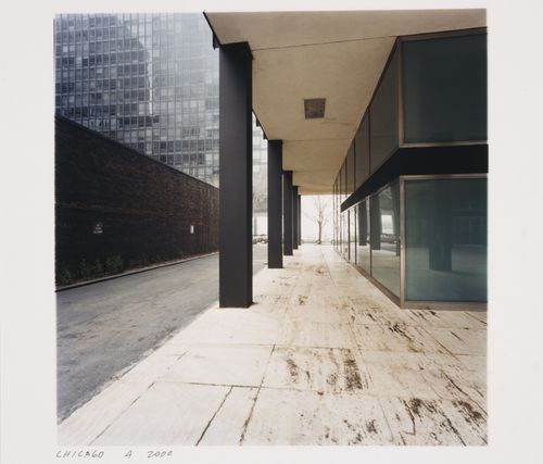 Exterior view of the colonnade and walkway of 880 Lake Shore Drive Apartments, Chicago, Illinois