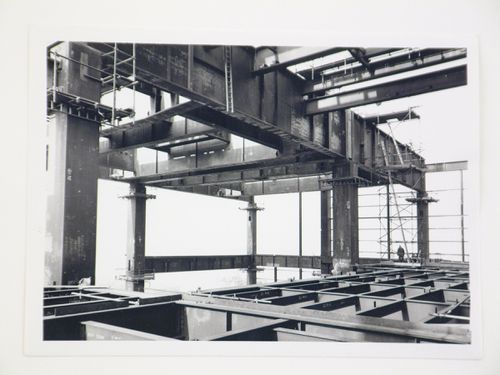 View of construction of steel structure for power station, from interior, United Kingdom