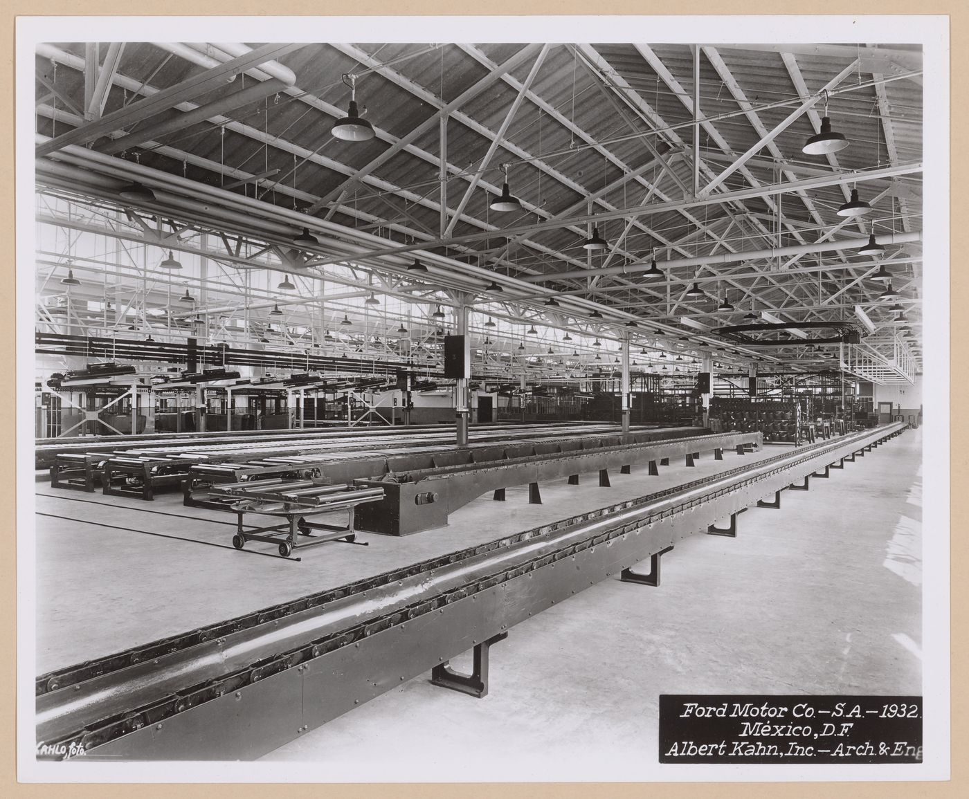 Interior view of assembly lines in the Assembly Building, Ford Motor Company Automobile Assembly Plant, Mexico City, Mexico