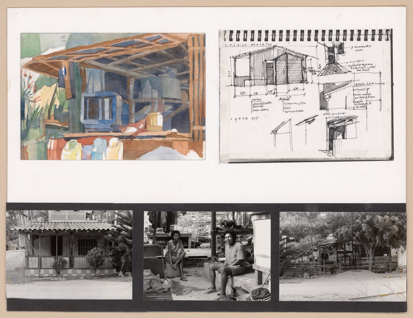 Presentation panel with painted rendering of a house, sketchbook pages, and photographs of the house with its residents for the Urban Upgrading project La Esperanza, in Zihuatanejo, Mexico