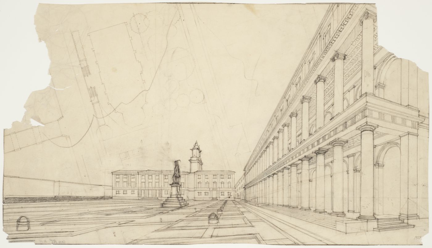 Sketch Perspective for the 1918-1925 design for Gustav Adolfs torg [square] looking west and a sketch site plan of the Christina Church, Göteborg, Sweden