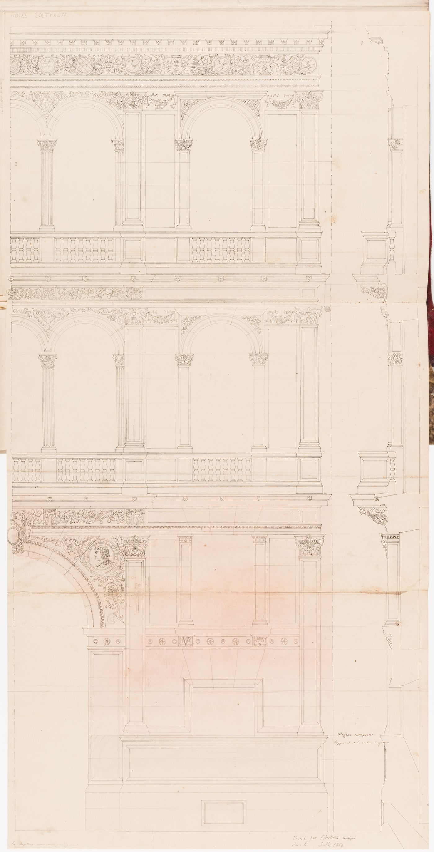 Half elevation and wall section for the principal façade indicating the type and finish of the stone, Hôtel Soltykoff