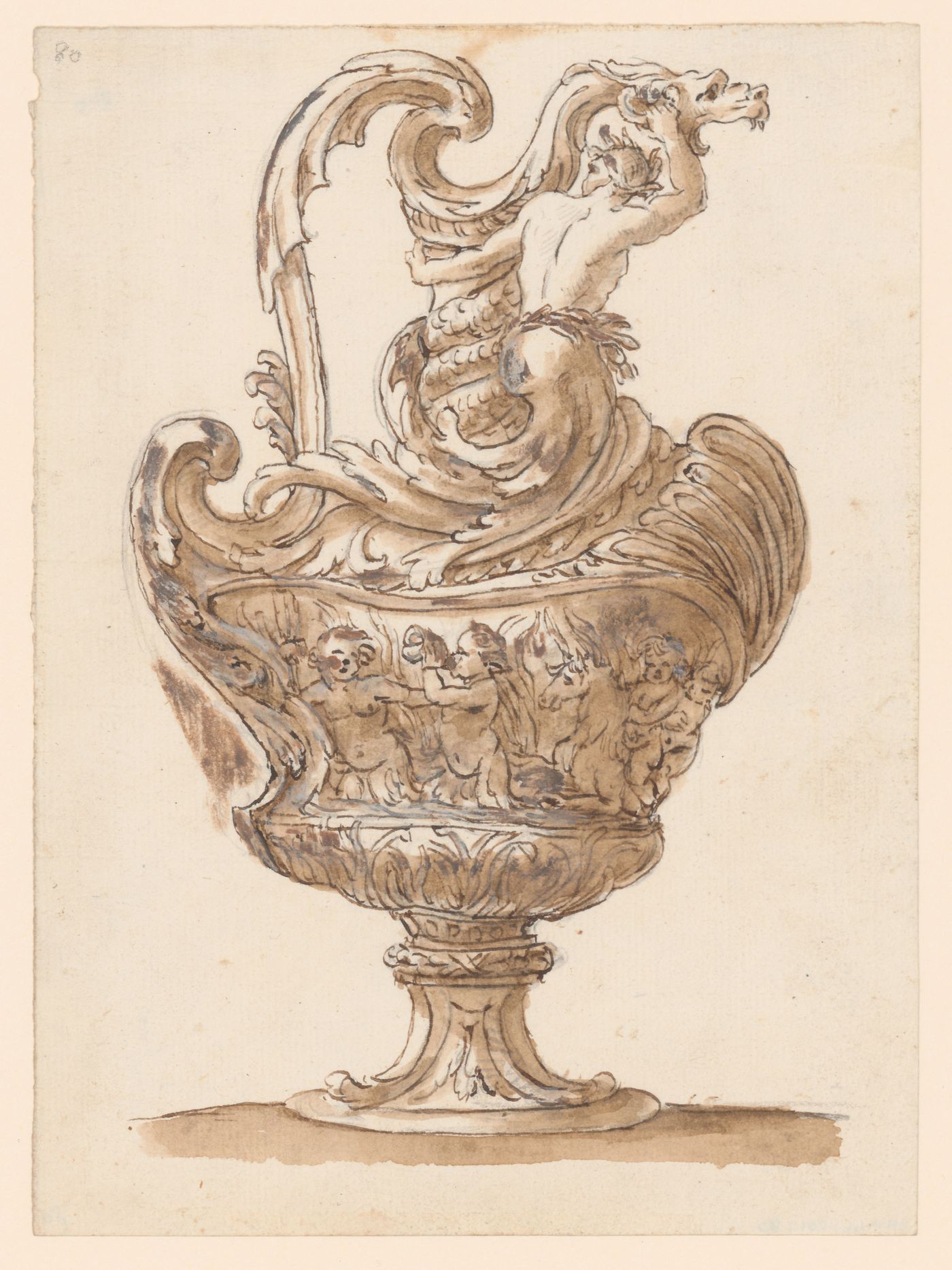 Drawing for an ornamental vase with a frieze of putti and a triton at the neck