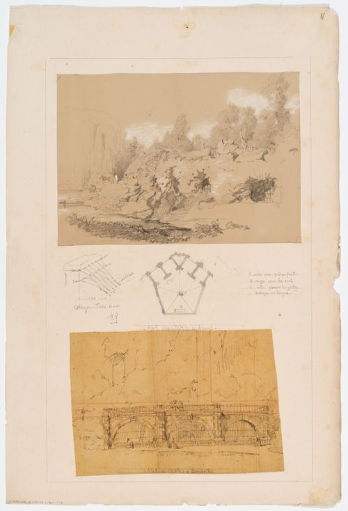 Zoological garden, Antwerp: Perspective view, plan, and detail of the bear cage; Zoological garden, Brussels: Elevation of the bear cage