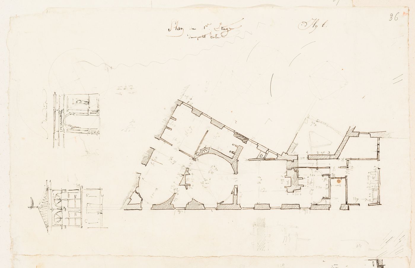 Hôtel de la Colonnade, Paris: First floor plan with sketch elevations, possibly for the hôtel