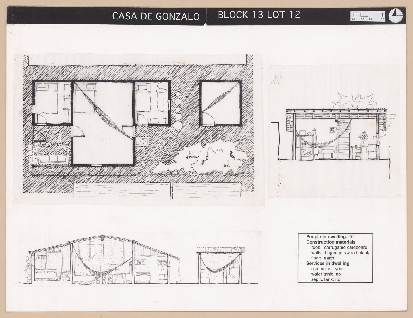 Presentation panel with floor plan, elevation, and section of Casa de Gonzalo for the Urban Upgrading project La Esperanza, in Zihuatanejo, Mexico