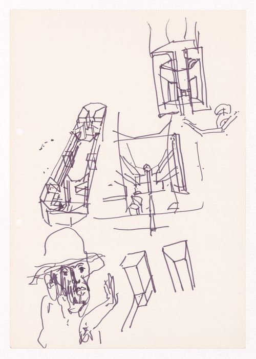 Sketch axonometric and perspective views with portrait for Loja Turquesa - Irmãos Campos Morais, Porto, Portugal