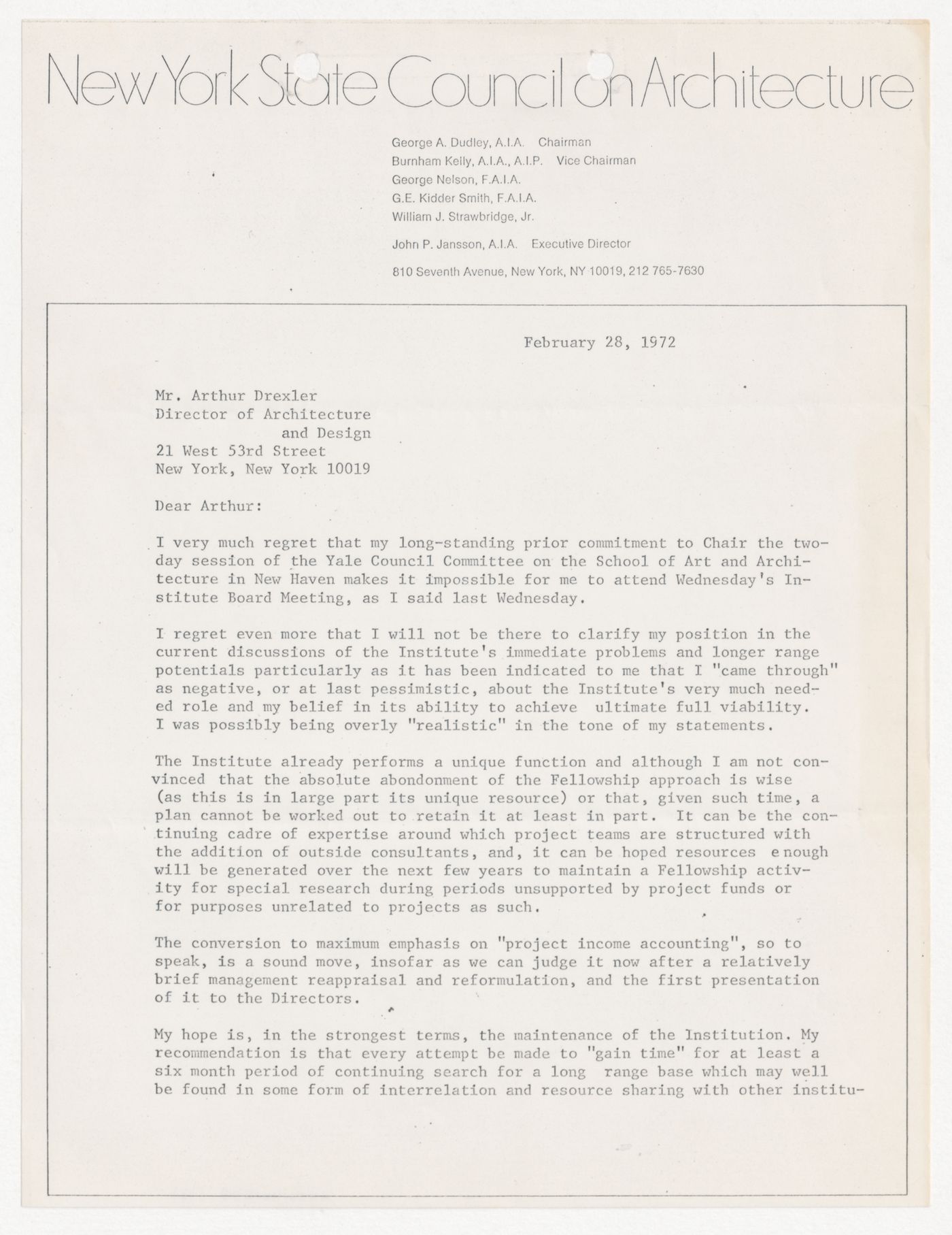Letter from George A. Dudley to Arthur Drexler about long term sustainability of IAUS