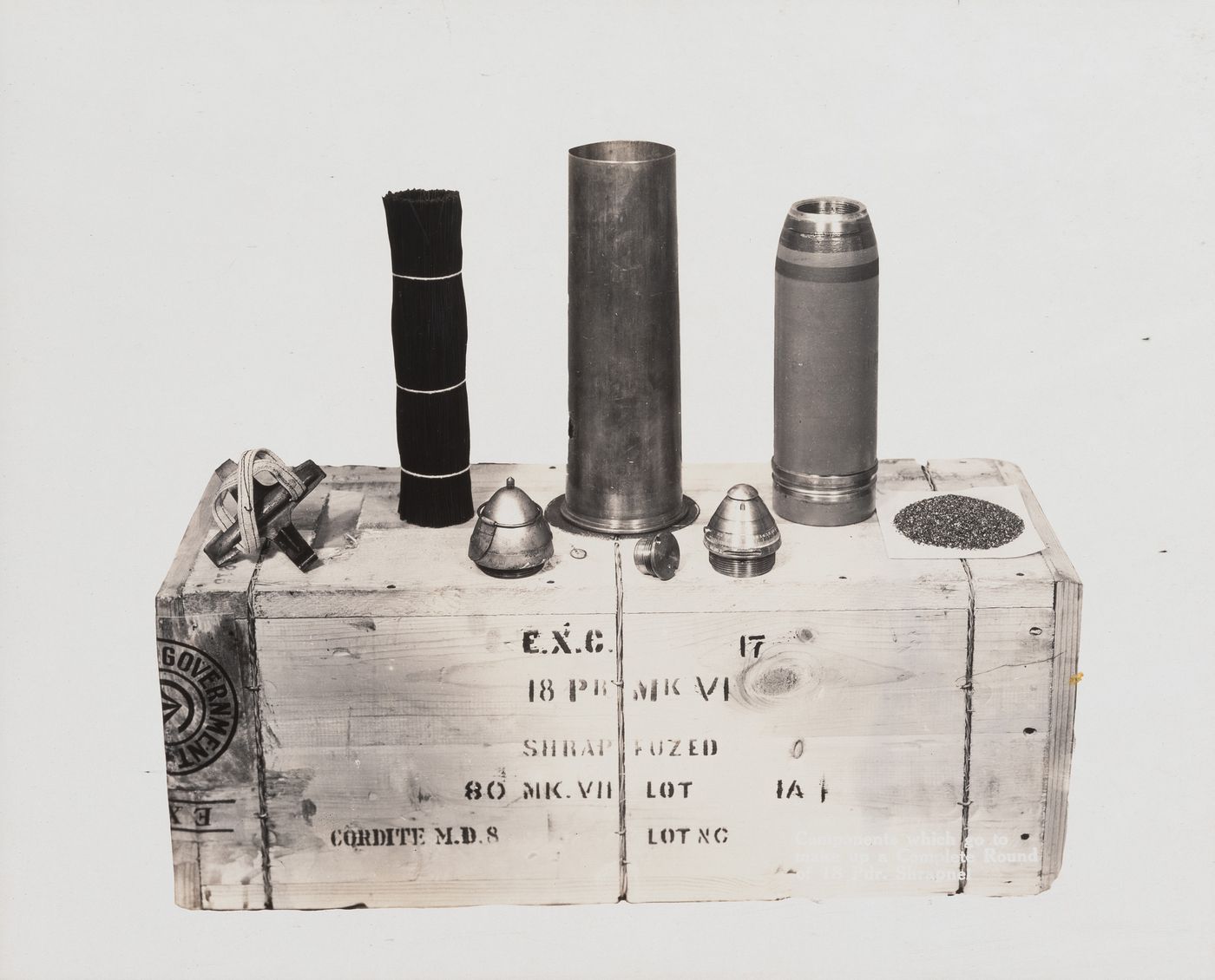 View of components of a complete round at the Energite Explosives Plant No. 3, the Shell Loading Plant, Renfrew, Ontario, Canada