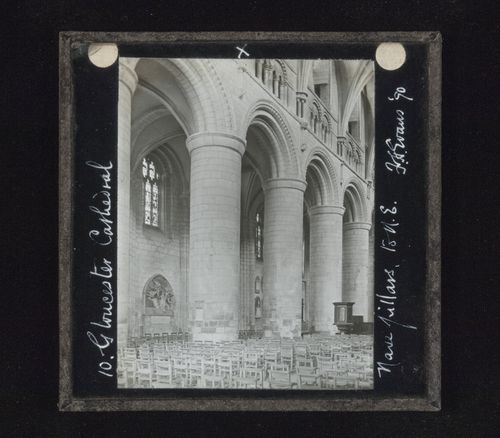 View of pillars of nave to the northeast, Gloucester Cathedral, Gloucester, Gloucestershire, England