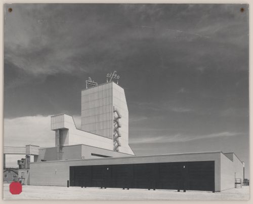Photographic panel showing finished building exterior for Domtar Chemicals Limited, Sifto Salt Division Mill and Warehouse, Goderich, Ontario, Canada
