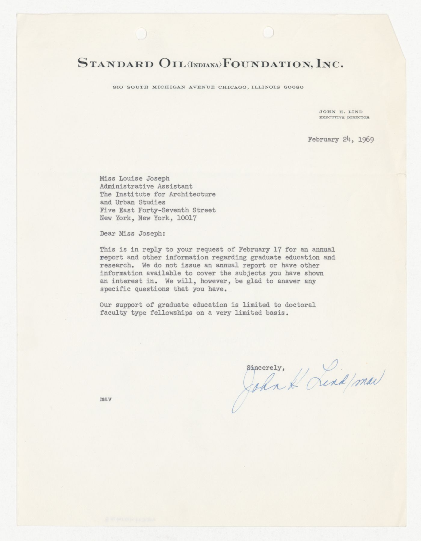 Letter from John H. Lind to Louise Joseph responding to Joseph's request for information about the Standard Oil Foundation