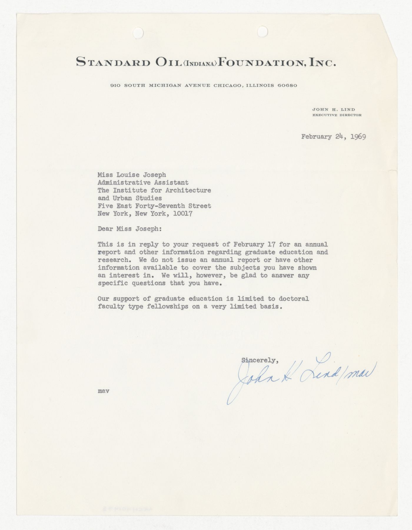 Letter from John H. Lind to Louise Joseph responding to Joseph's request for information about the Standard Oil Foundation