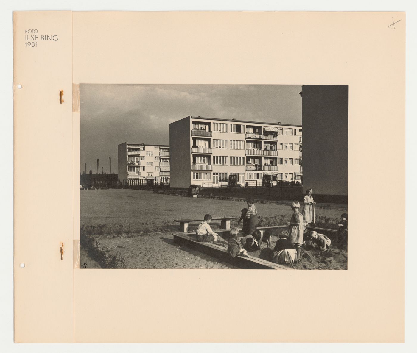 View of children in sandbox at the Hellerhof Housing Estate, Frankfurt am Main, Germany