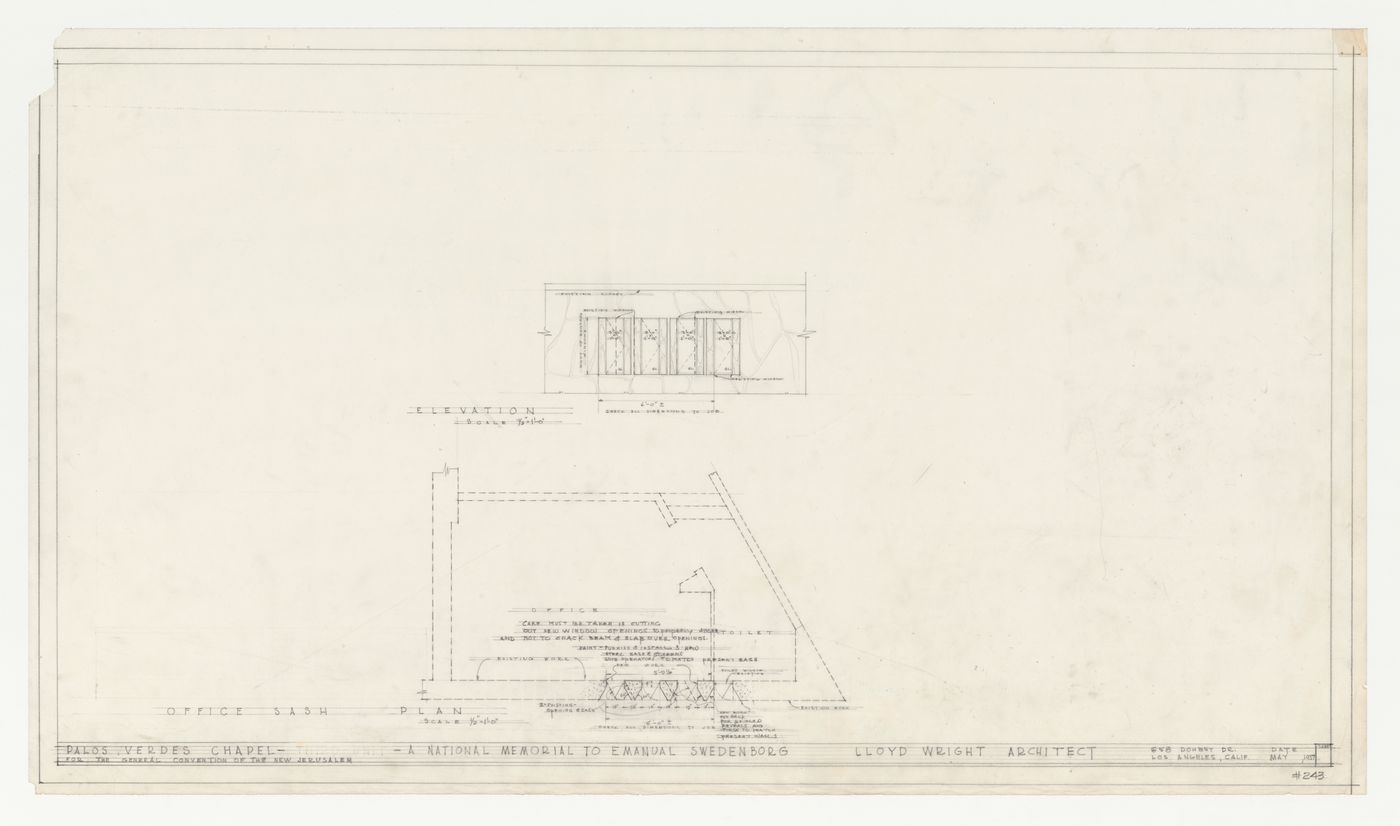 Wayfarers' Chapel, Palos Verdes, California: Elevation and plan for new office windows