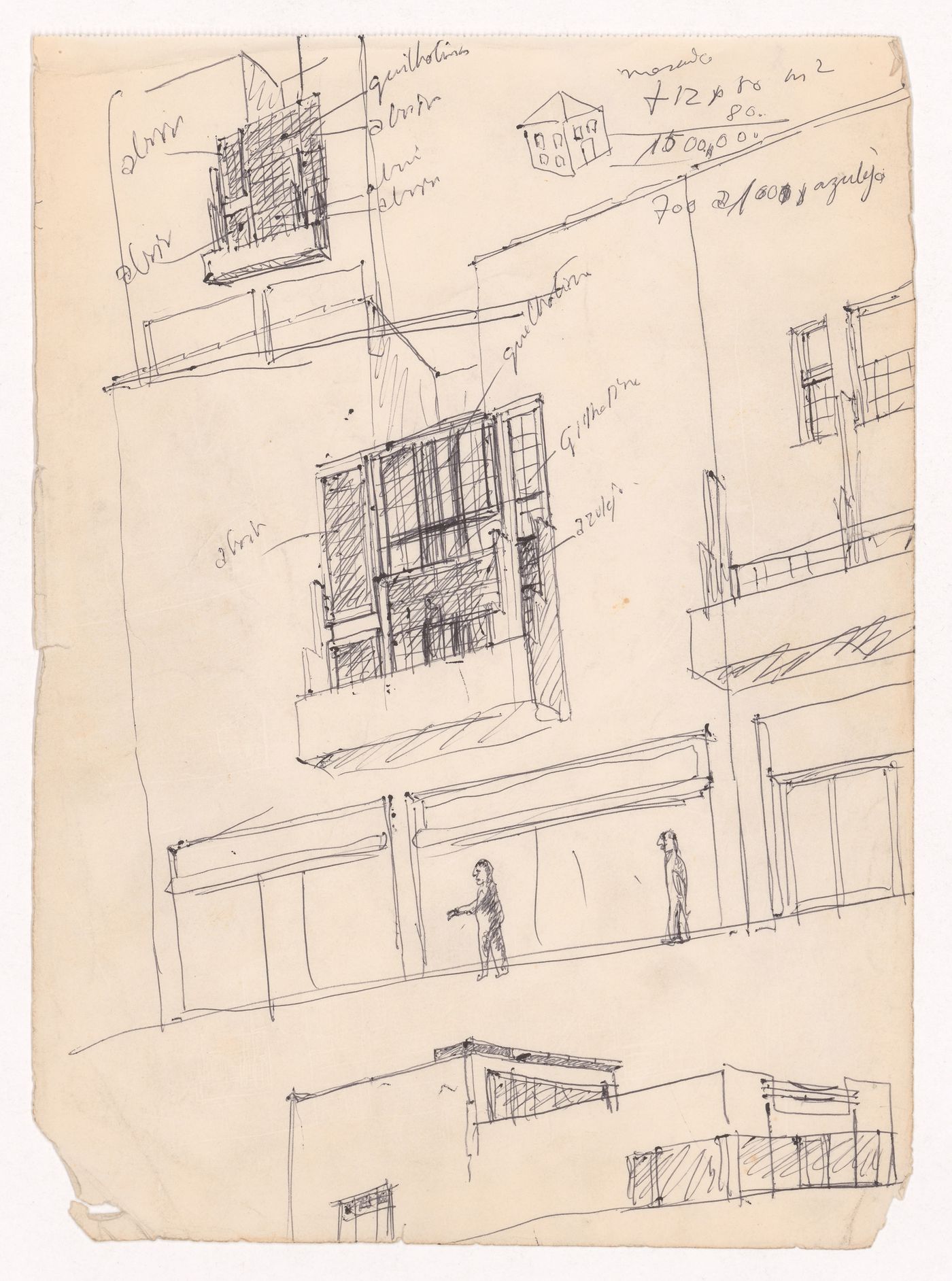 Sketch perspectives with annotations for Conjunto Habitacional em Caxinas, Vila Cova - Vila do Conde, Portugal