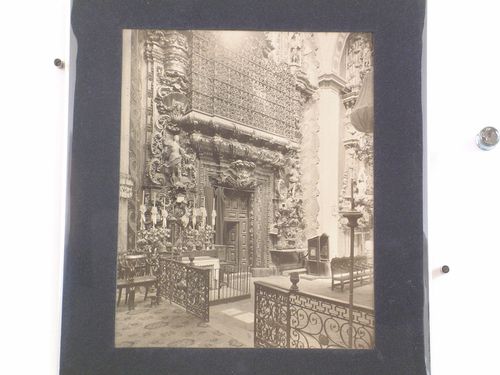 Interior view of the Church of Santa Clara showing the altarpiece dedicated to the Archangels, a balcony, and the doorway leading to the sacristy, Convento de Santa Clara, Querétaro, Mexico
