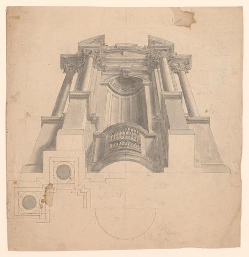Half plan and worm's-eye perspective of a ceiling decoration showing a balustraded niche