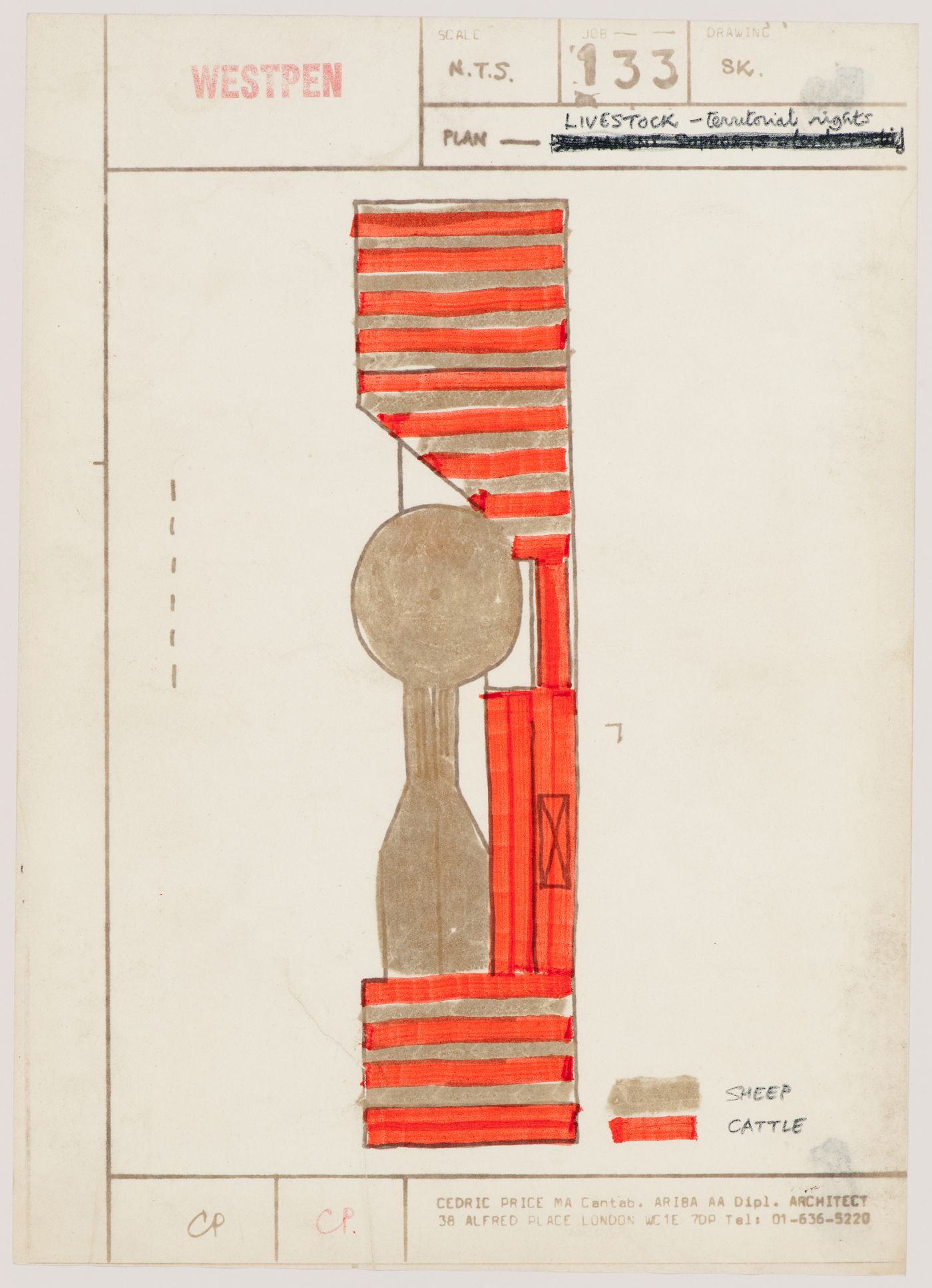 Plan for a livestock pen showing areas for sheep and cattle (document from Westpen project records)