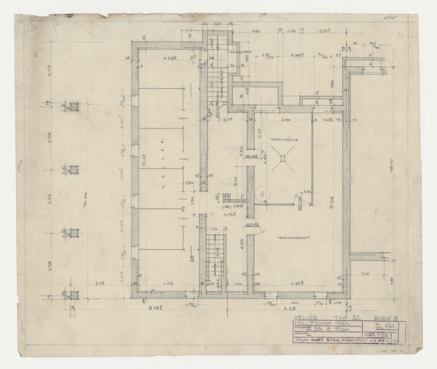 Basement plan for a type BL store and housing unit, Hellerhof Housing Estate, Frankfurt am Main, Germany