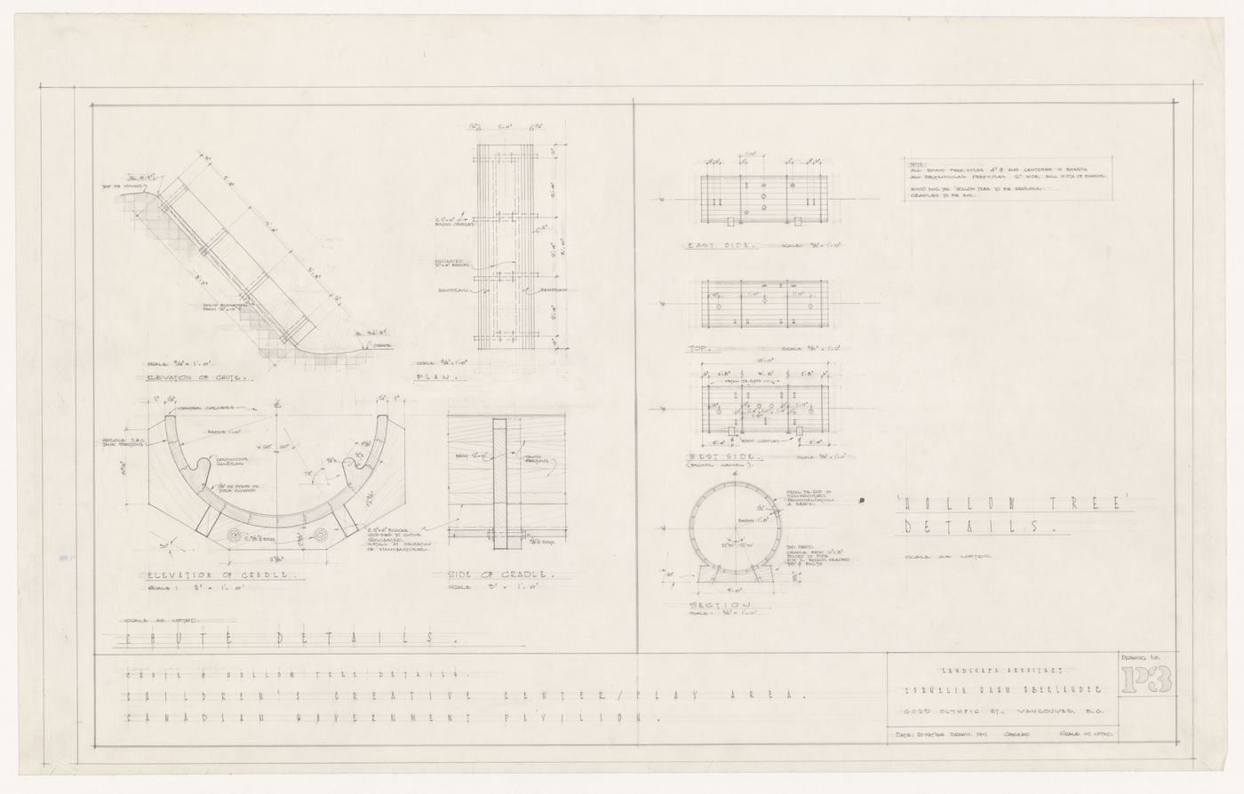 Details for chute and hollow tree for Children's Creative Centre Playground, Canadian Federal Pavilion, Expo '67, Montréal, Québec