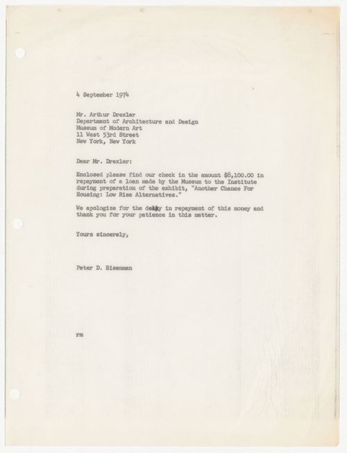 Letter from Peter D. Eisenman to Arthur Drexler about repayment of loan made by Museum of Modern Art (MoMA) to IAUS