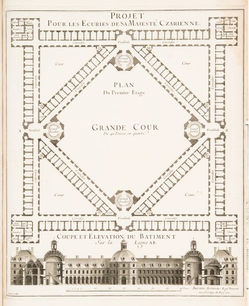 Design by François Bruant for a stable for the Czarina: First floor plan and sectional elevation through the large courtyard
