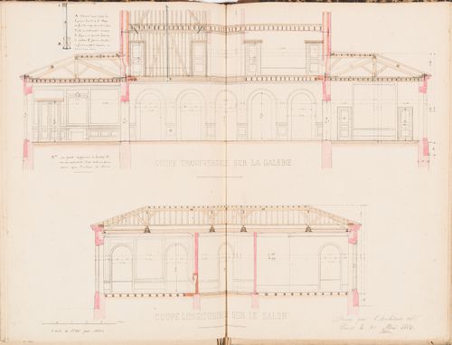 Cross section through the gallery and longitudinal section through the salon, both showing the wood framing for a country house for Madame de Lescure, Royan
