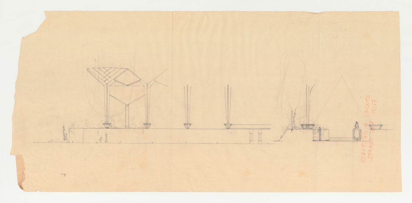 Wayfarers' Chapel, Palos Verdes, California: Partial side elevation and partial cross section for the chapel