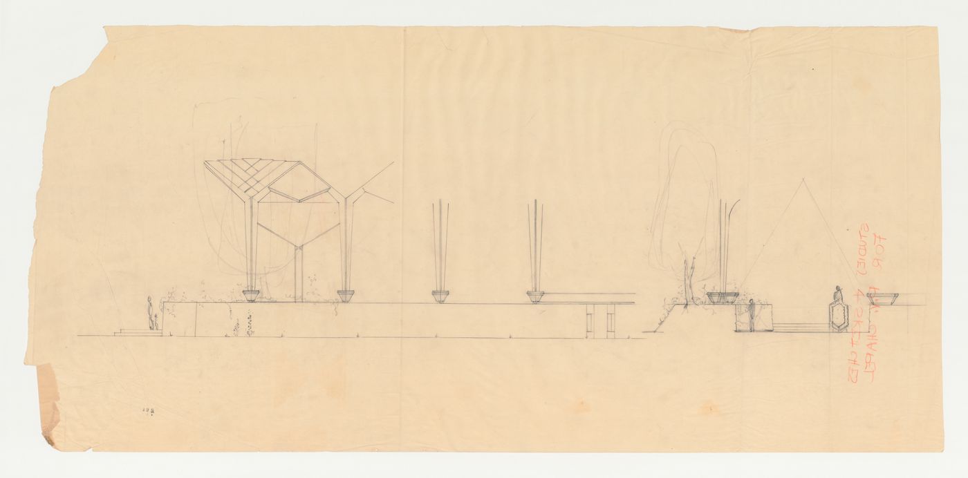 Wayfarers' Chapel, Palos Verdes, California: Partial side elevation and partial cross section for the chapel