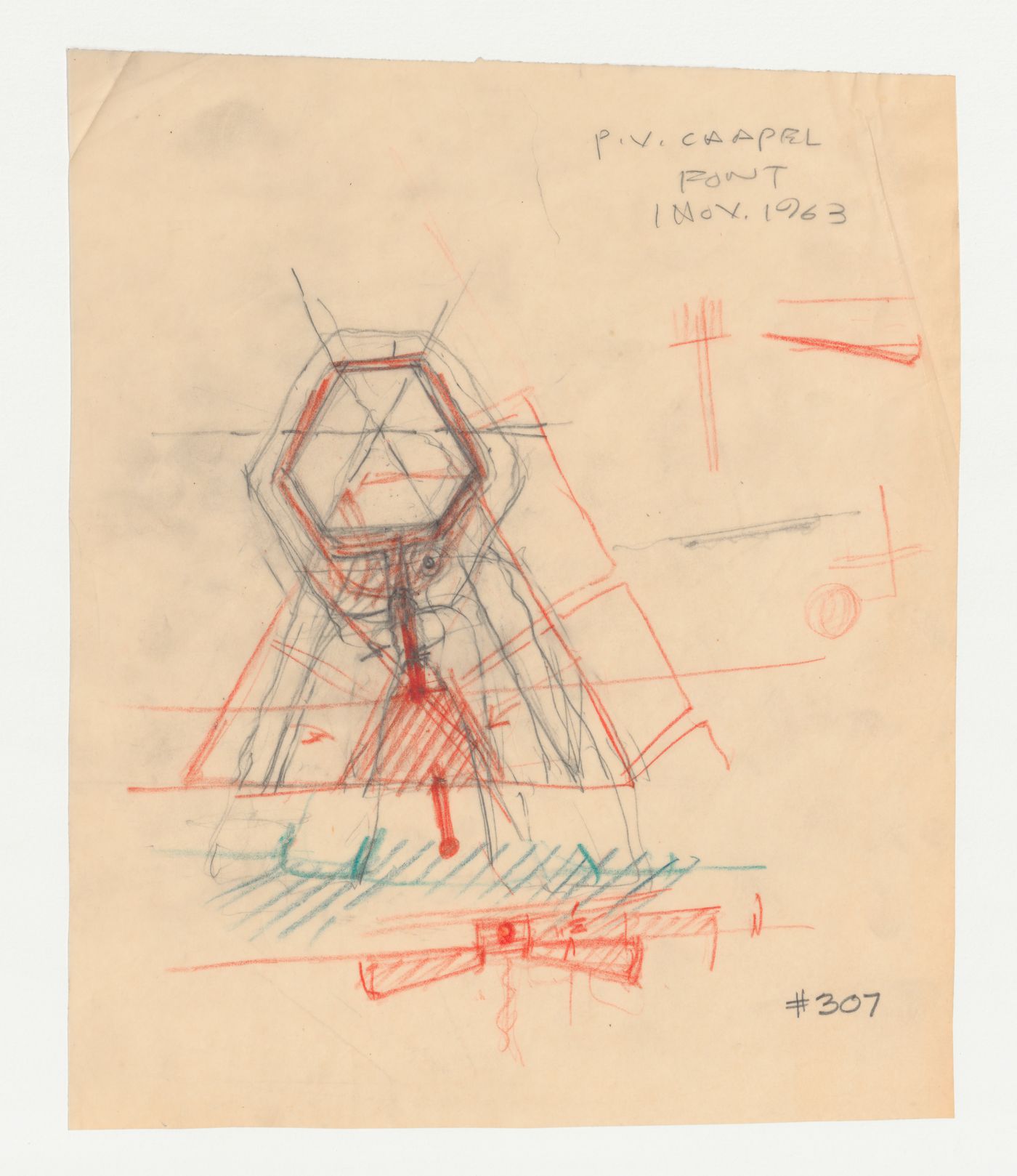 Wayfarers' Chapel, Palos Verdes, California: Sketch plan, sketch section and sketches for the baptismal font