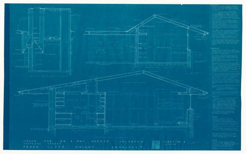 Section and cross sections with specifications for the 1950 design for the Mr. & Mrs. George Jacobsen House, Hudson, Québec