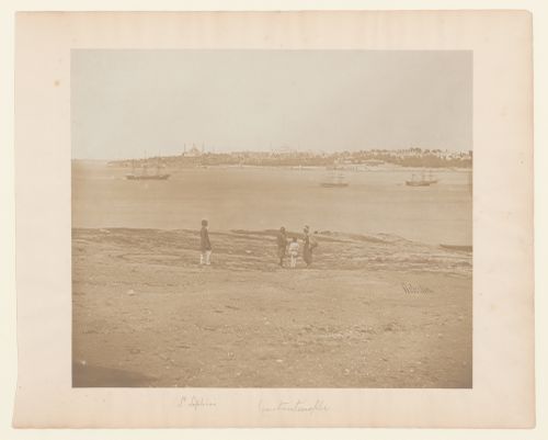 View across the Bosporus showing the Sultanahmet Camii (also known as the Blue Mosque), Hagia Sophia (also now known as the Ayasofya Müzesi) and the Topkapi Palace, from Üsküdar, Constantinople (now Istanbul), Ottoman Empire (now in Turkey)