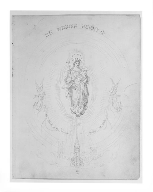 Representation of the Virgin and Child in an aureale above a depiction of the church of St. Marie's, Derby