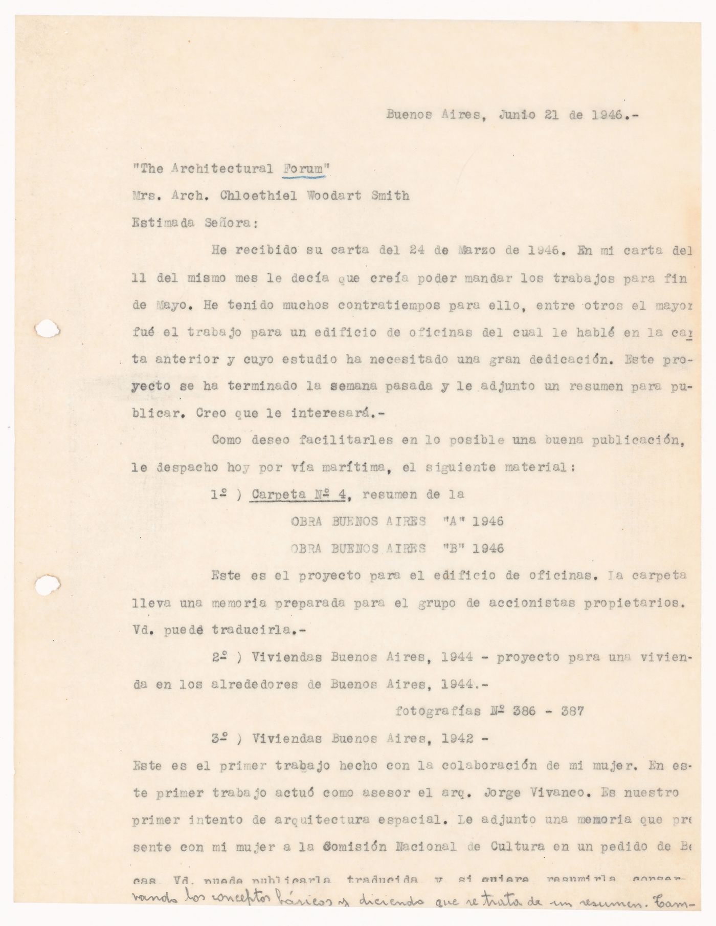 Correspondence, letter to Chloethiel Woodward Smith from Amancio Williams