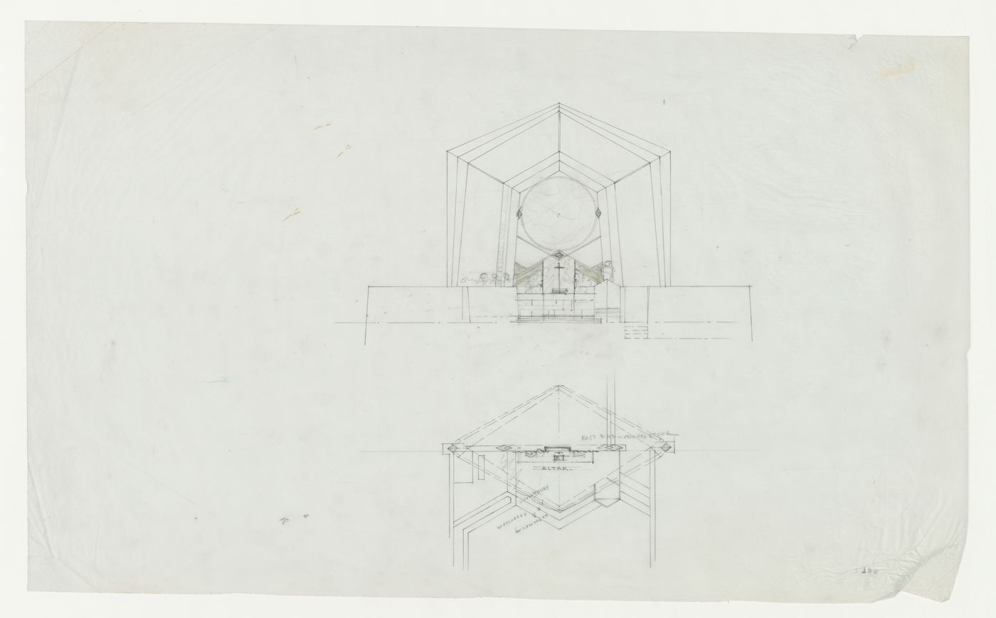 Wayfarers' Chapel, Palos Verdes, California: Plan for the area around the altar and cross section through the chapel looking towards the altar