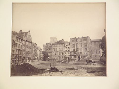 View of fishmarket square and tower of Saint Peter's Church, Hamburg, Germany