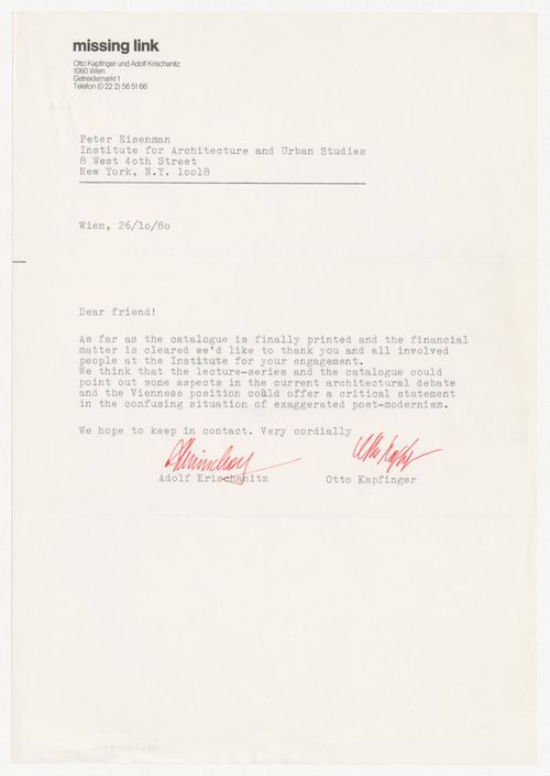 Letter from Adolf Krischanitz and Otto Kapfinger to Peter D. Eisenman