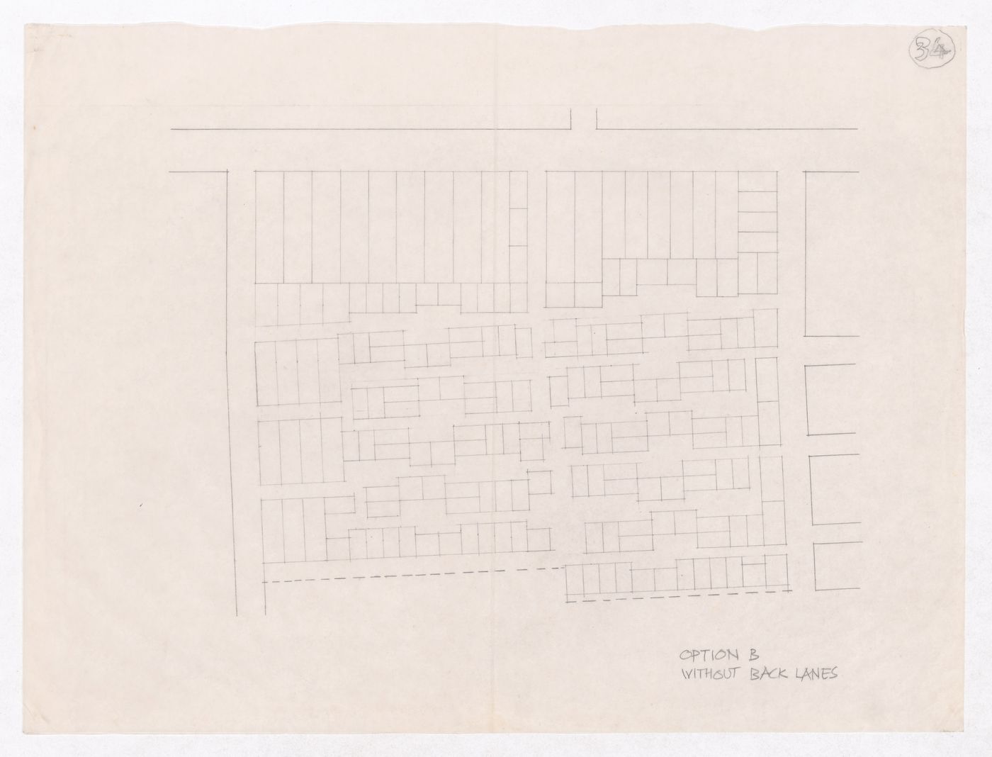 Sketch showing plots layout development for Minimum Cost Housing Group's plot in Aranya township, India, for Aranya Housing Project